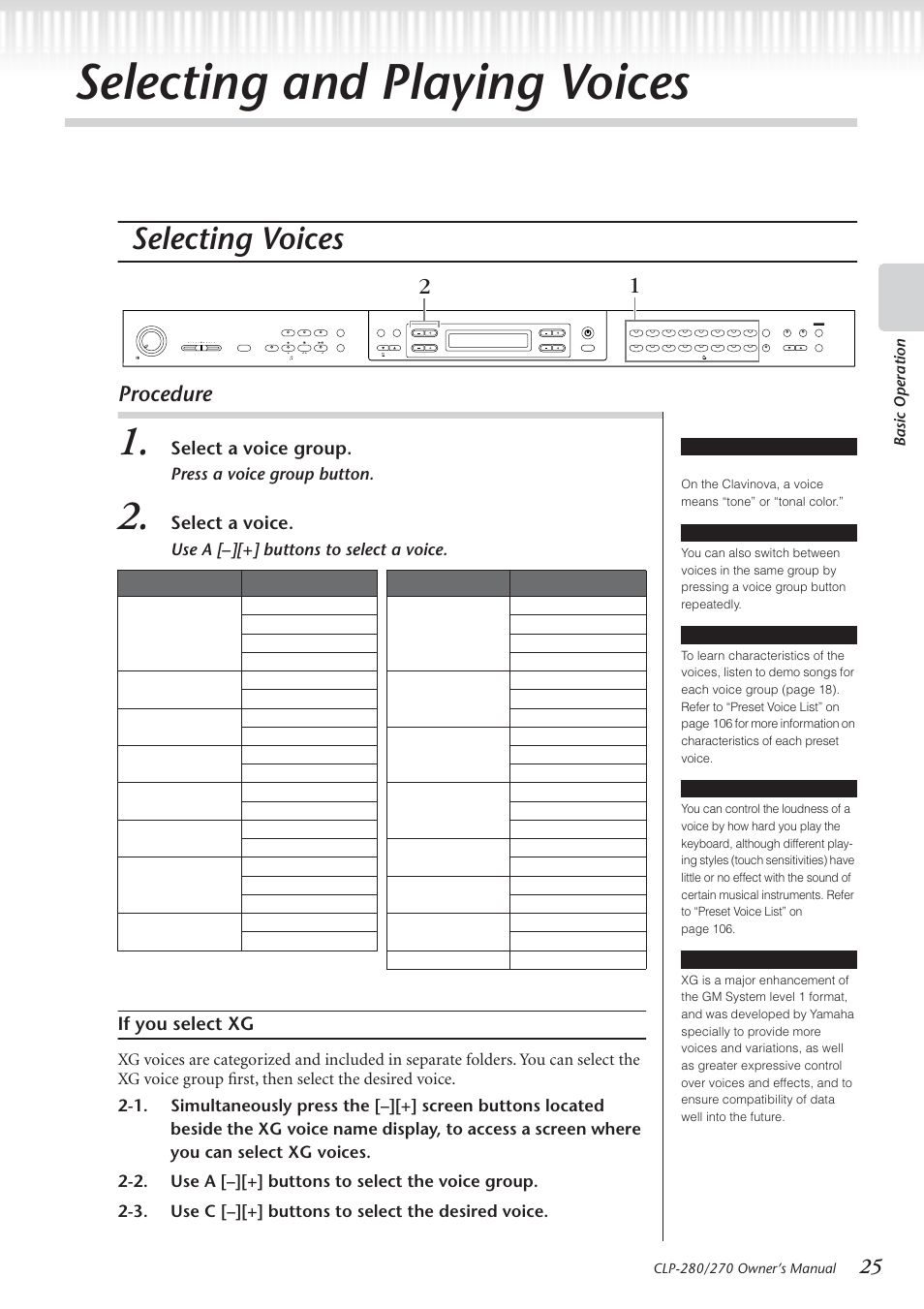 Selecting and playing voices, Selecting voices, Procedure | Select a voice group, Select a voice, If you select xg, Press a voice group button, Use a [–][+] buttons to select a voice, Basic operation | Yamaha CLP-280 User Manual | Page 25 / 124