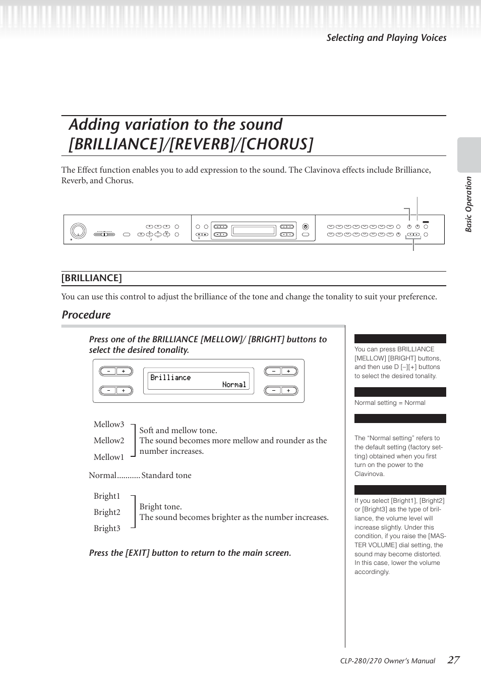 Procedure, Selecting and playing voices, Brilliance | Basic operation, Brilliance normal | Yamaha CLP-280 User Manual | Page 27 / 124