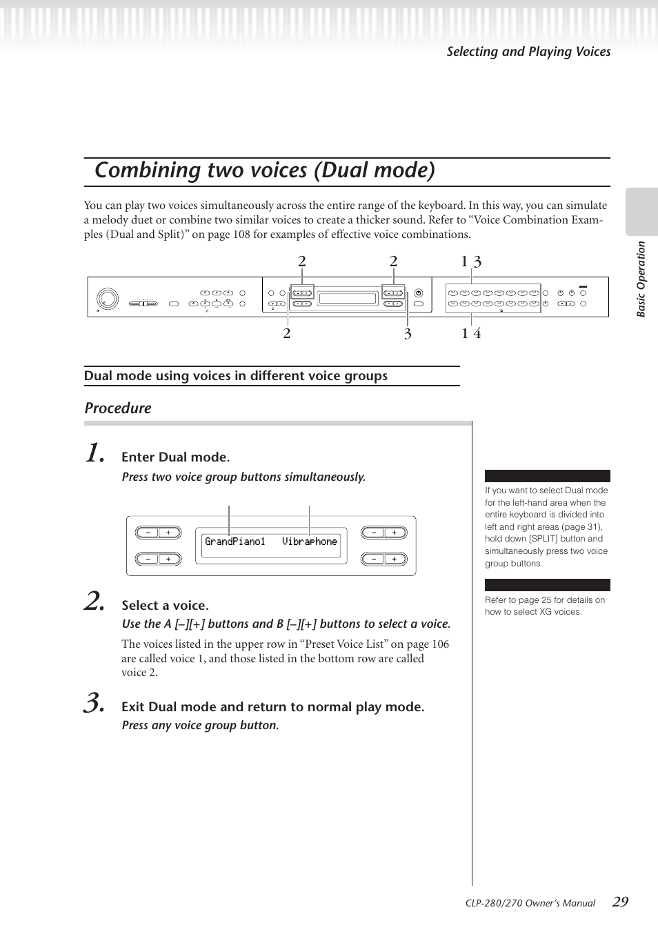 Combining two voices (dual mode), Procedure, Selecting and playing voices | Dual mode using voices in different voice groups, Enter dual mode, Select a voice, Exit dual mode and return to normal play mode, Press two voice group buttons simultaneously, Press any voice group button, Basic operation | Yamaha CLP-280 User Manual | Page 29 / 124