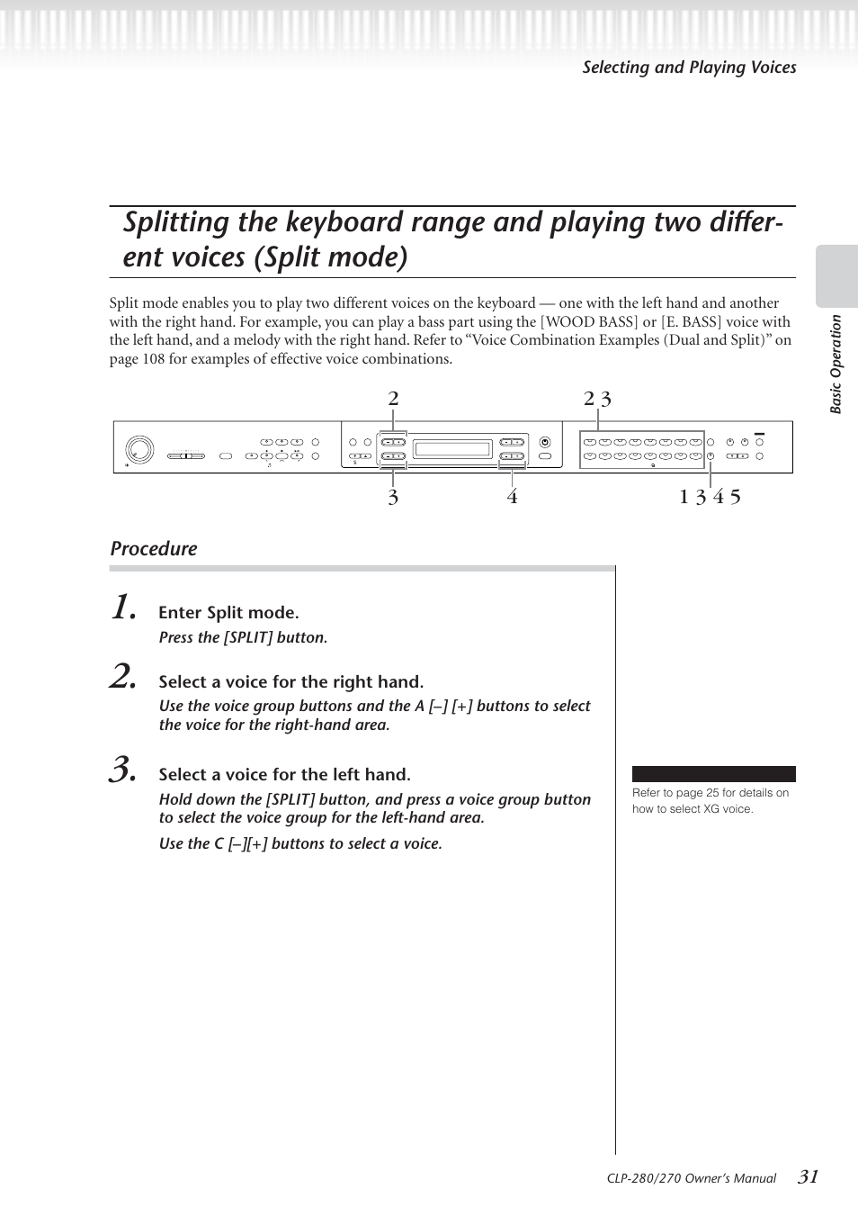 Procedure, Selecting and playing voices, Enter split mode | Select a voice for the right hand, Select a voice for the left hand, Press the [split] button, Basic operation, Voice group buttons tip | Yamaha CLP-280 User Manual | Page 31 / 124