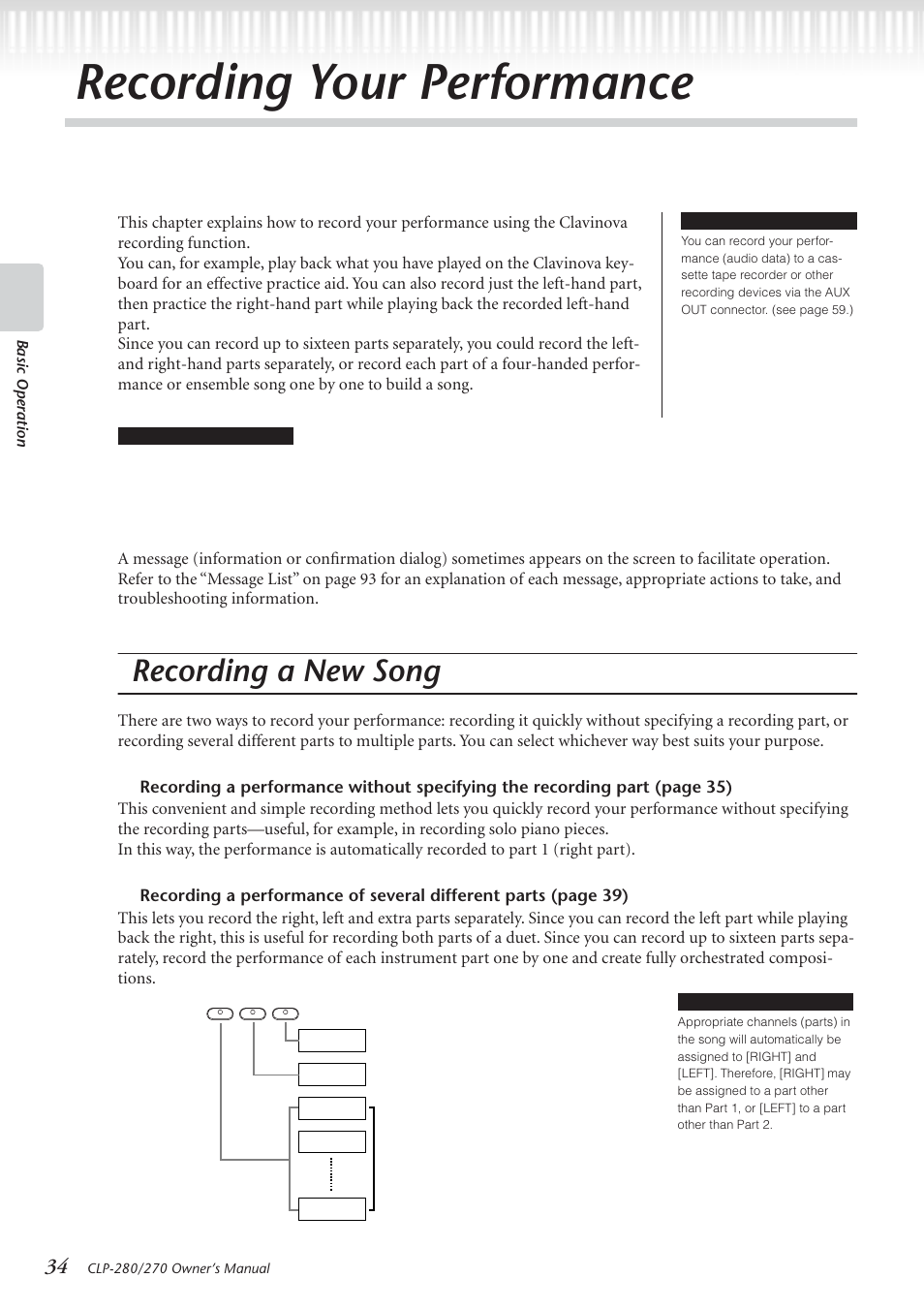 Recording your performance, Recording a new song | Yamaha CLP-280 User Manual | Page 34 / 124