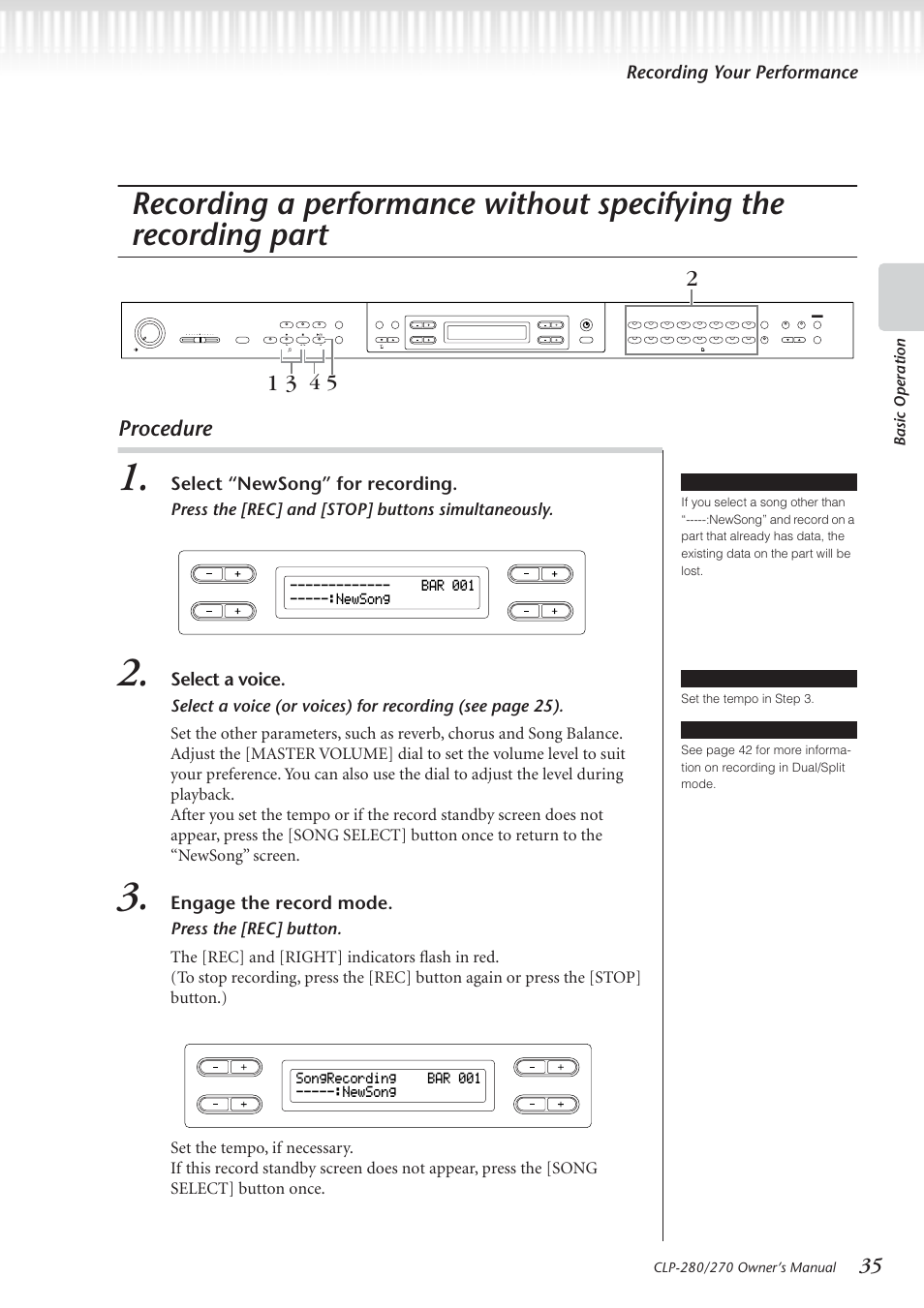 Procedure, Recording your performance, Select “newsong” for recording | Select a voice, Engage the record mode, Press the [rec] and [stop] buttons simultaneously, Basic operation, Bar 001 -----:newsong, Songrecording bar 001 -----:newsong, Newsong” screen tip tip | Yamaha CLP-280 User Manual | Page 35 / 124