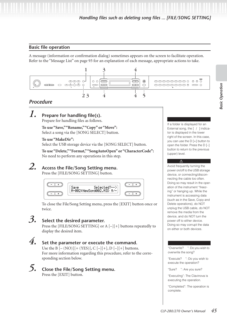 Procedure, Prepare for handling file(s), Access the file/song setting menu | Select the desired parameter, Set the parameter or execute the command, Close the file/song setting menu, Press the [exit] button, Basic operation, Caution, Terminology | Yamaha CLP-280 User Manual | Page 45 / 124