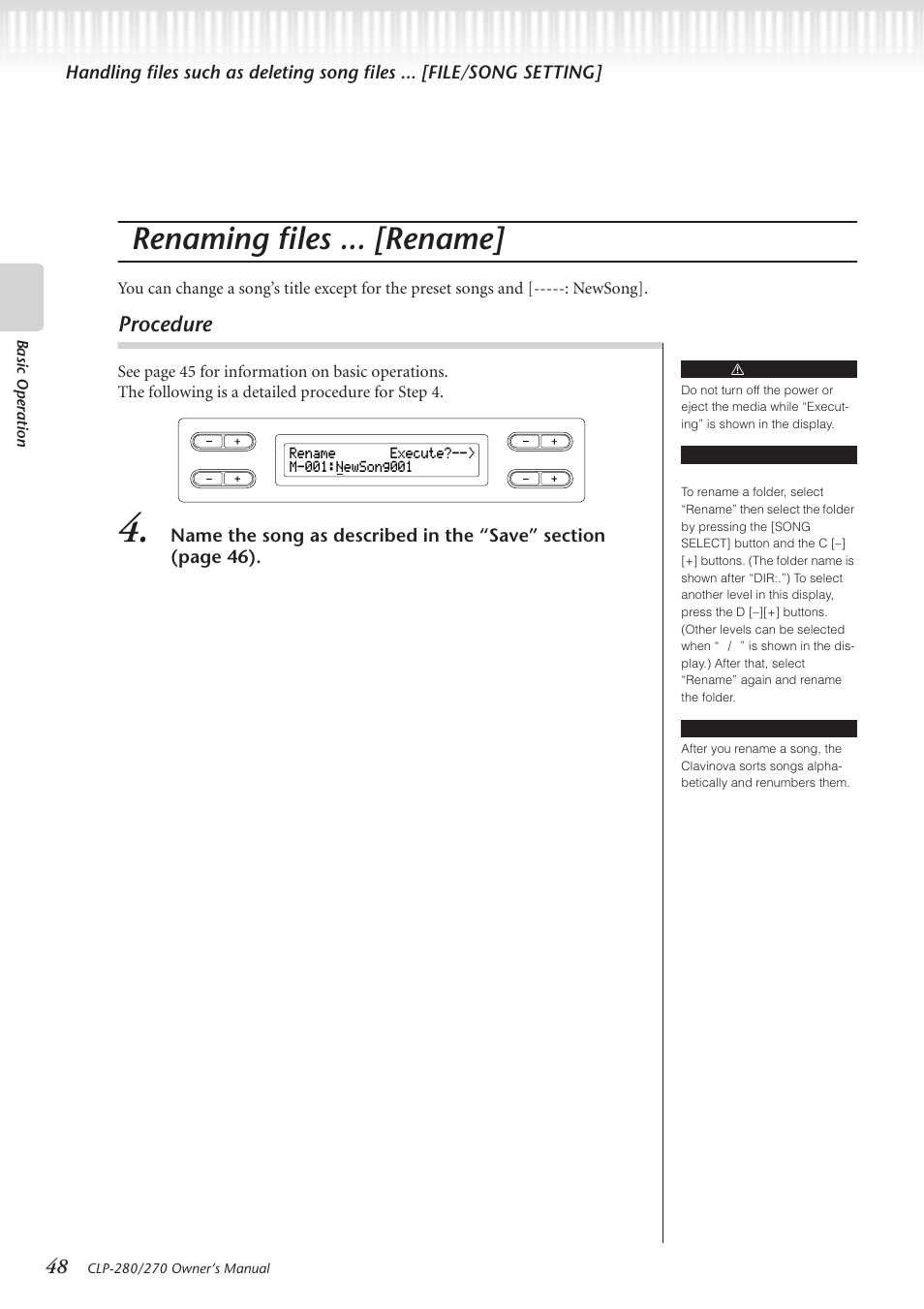 Renaming files ... [rename, Procedure | Yamaha CLP-280 User Manual | Page 48 / 124