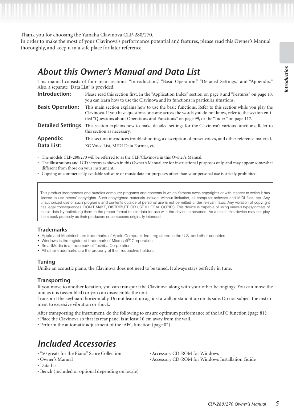 About this owner's manual and data list, Included accessories, About this owner’s manual and data list | Yamaha CLP-280 User Manual | Page 5 / 124