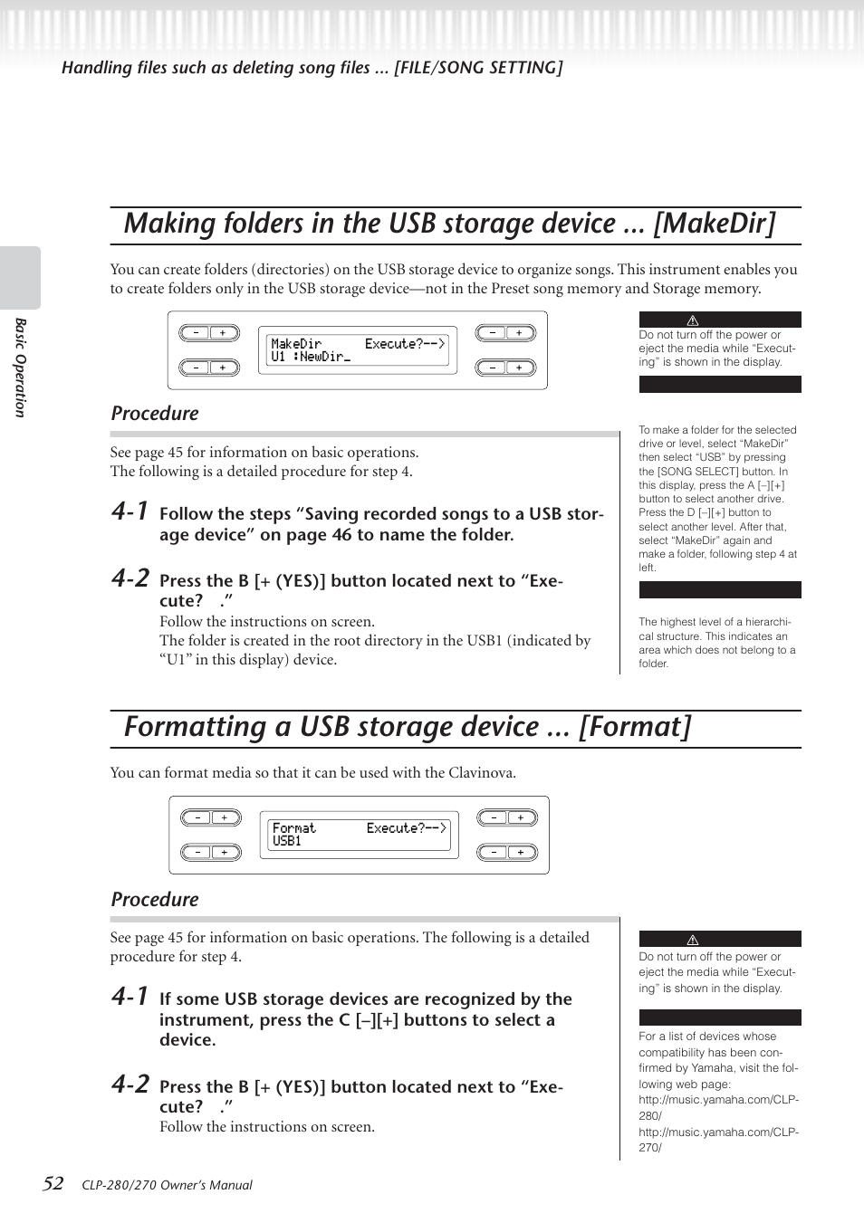 Formatting a usb storage device ... [format, Procedure | Yamaha CLP-280 User Manual | Page 52 / 124