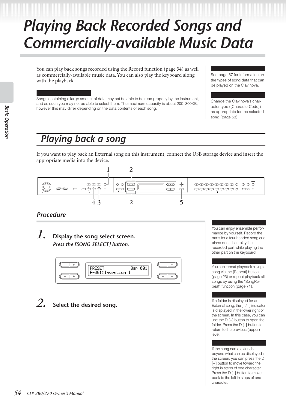 Playing back a song, Procedure, Display the song select screen | Select the desired song, Press the [song select] button, Basic operation, Song select screen | Yamaha CLP-280 User Manual | Page 54 / 124