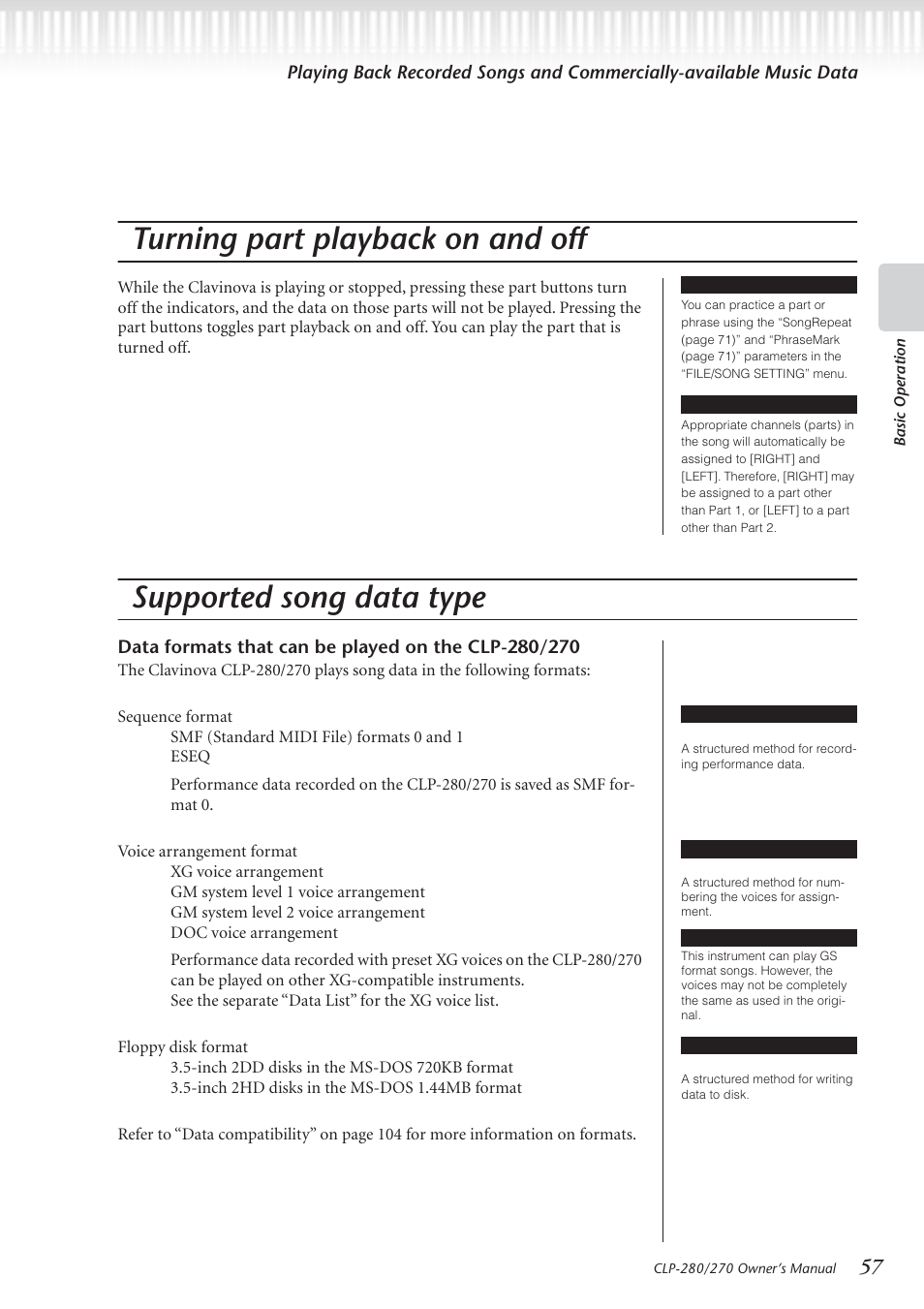 Turning part playback on and off, Supported song data type | Yamaha CLP-280 User Manual | Page 57 / 124
