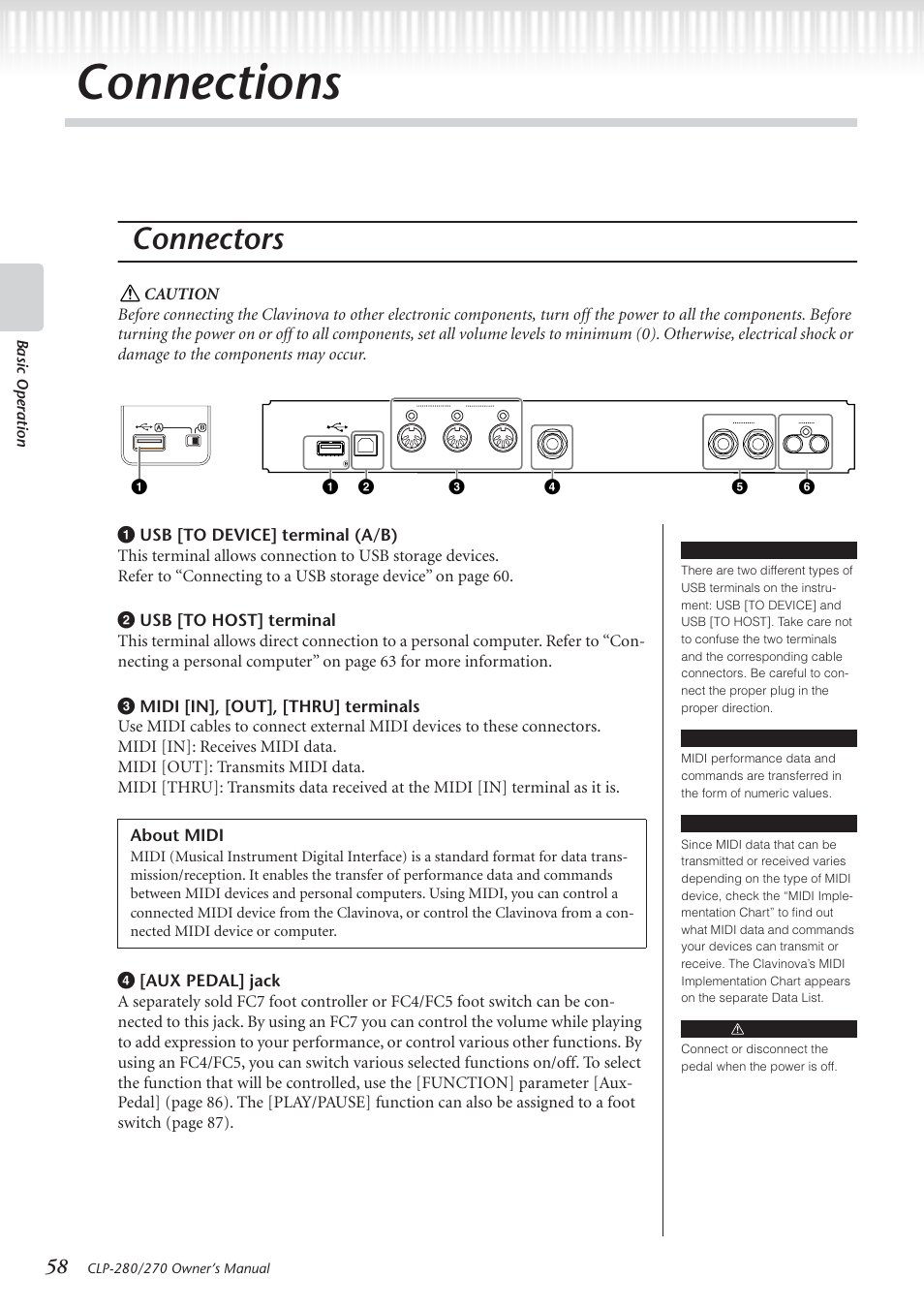 Connections, Connectors, About midi | Yamaha CLP-280 User Manual | Page 58 / 124