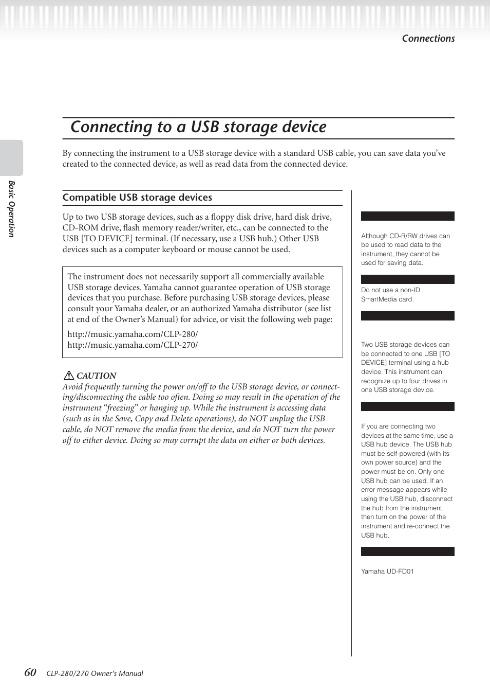 Connecting to a usb storage device, Connections, Compatible usb storage devices | Yamaha CLP-280 User Manual | Page 60 / 124