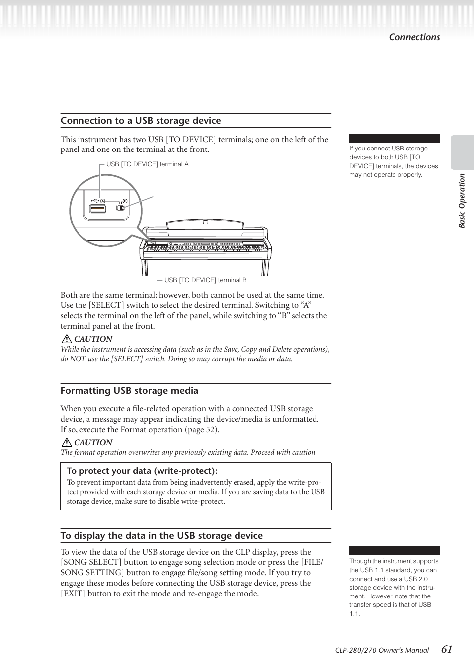 Connections connection to a usb storage device, Formatting usb storage media | Yamaha CLP-280 User Manual | Page 61 / 124