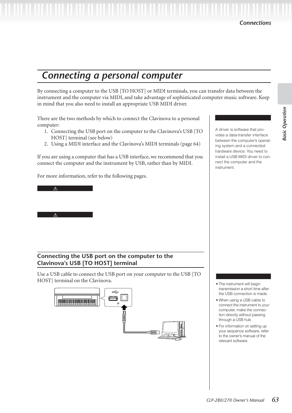 Connecting a personal computer, Connections | Yamaha CLP-280 User Manual | Page 63 / 124