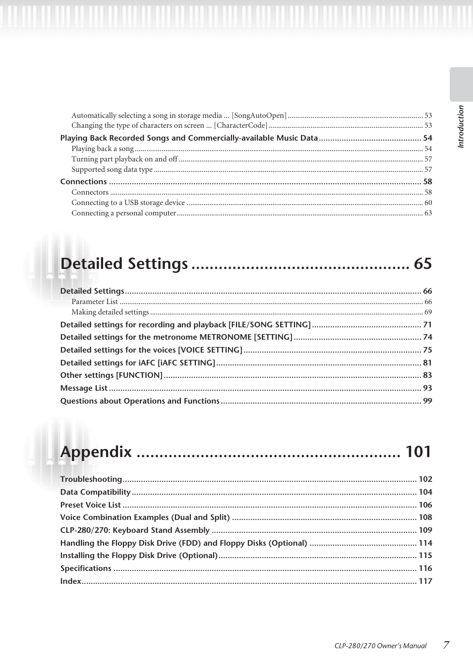 Detailed settings, Appendix | Yamaha CLP-280 User Manual | Page 7 / 124