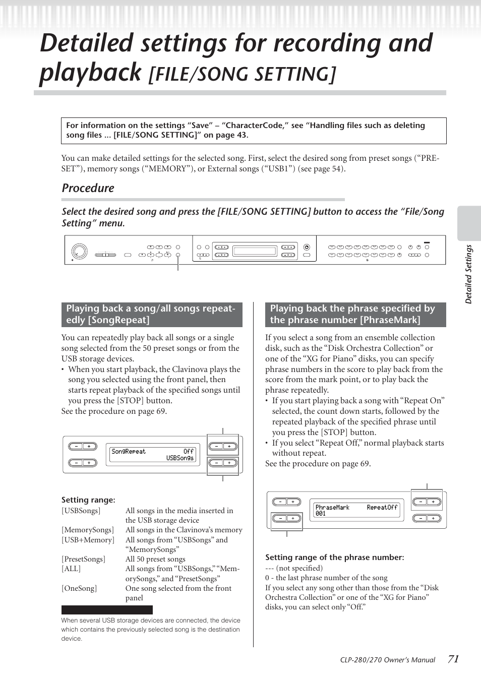 Detailed settings for recording and playback, File/song setting, Procedure | Detailed settings, File/song setting] button, Songrepeat off usbsongs, Phrasemark repeatoff 001, Select on or off. specify the repeated songs, Select repeat on or off. specify the phrase number | Yamaha CLP-280 User Manual | Page 71 / 124