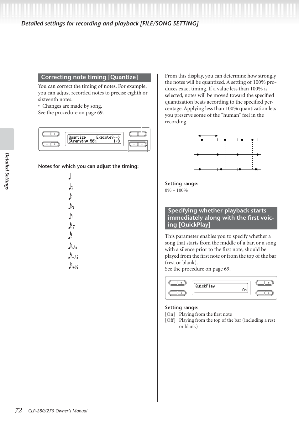 Detailed settings, Setting range: 0% – 100 | Yamaha CLP-280 User Manual | Page 72 / 124