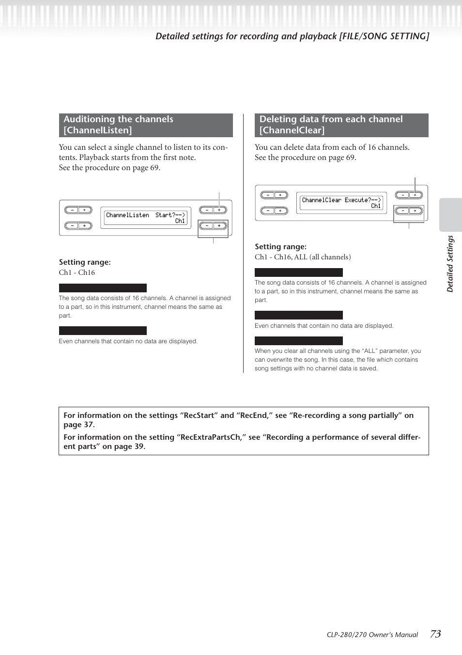 Auditioning the channels [channellisten, Deleting data from each channel [channelclear, Detailed settings | Setting range: ch1 - ch16, Setting range: ch1 - ch16, all (all channels) | Yamaha CLP-280 User Manual | Page 73 / 124