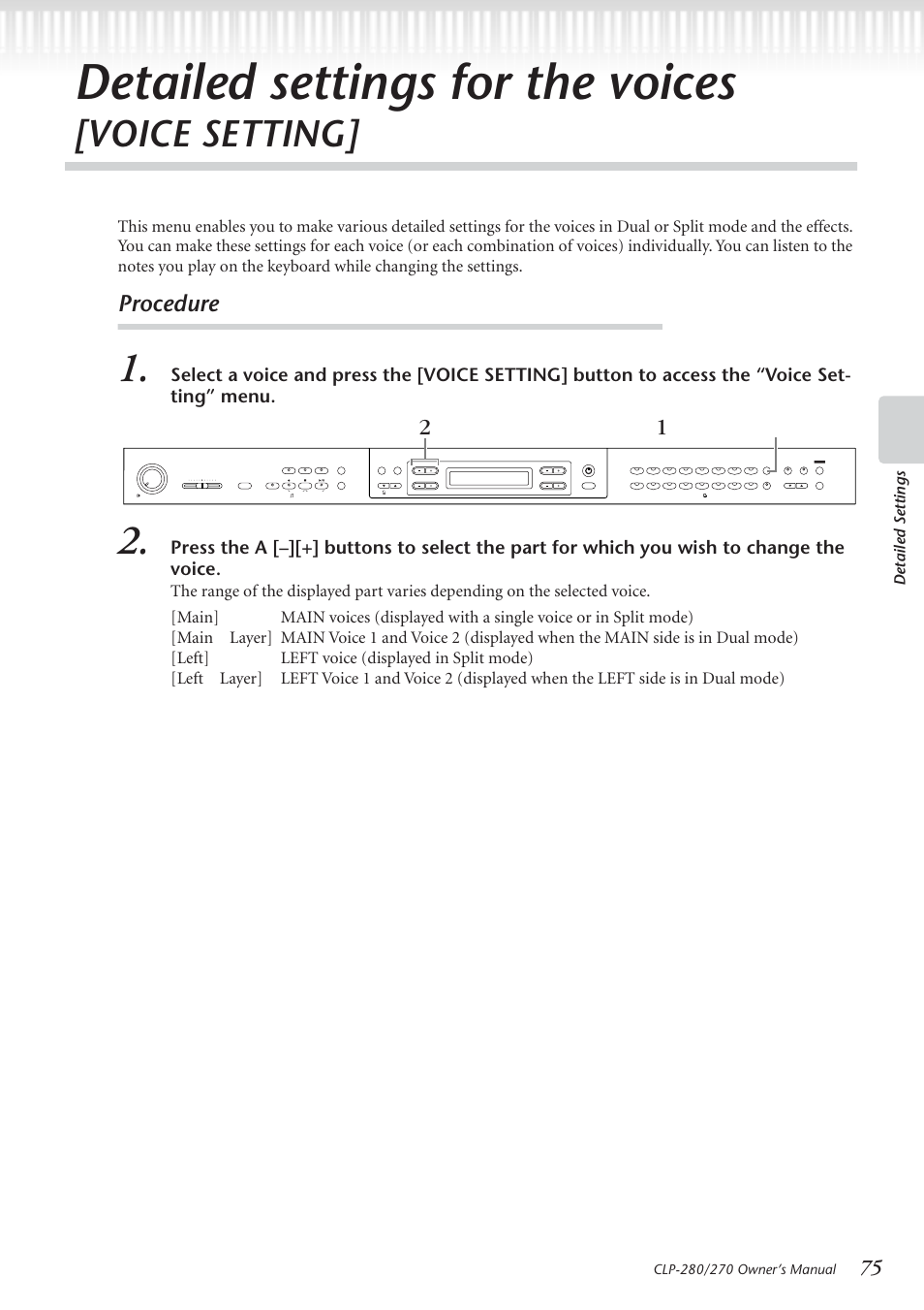 Detailed settings for the voices [voice setting, Detailed settings for the voices, Voice setting | Procedure, Detailed settings, Voice setting] button | Yamaha CLP-280 User Manual | Page 75 / 124