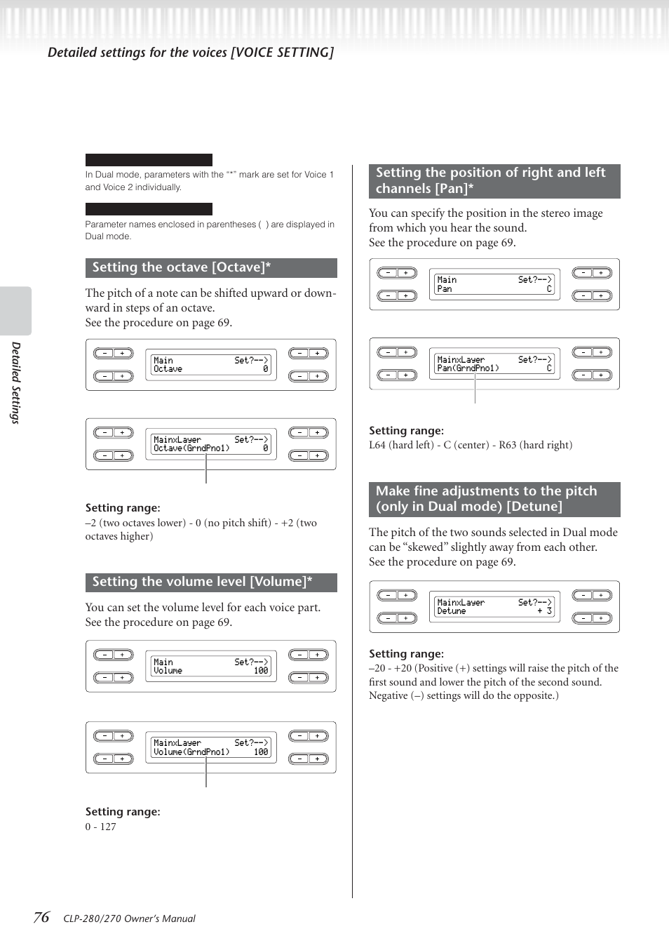 Detailed settings for the voices [voice setting, Detailed settings, Setting range: 0 - 127 | Main set?--> octave 0, Mainxlayer set?--> octave(grndpno1) 0, Main set?--> volume 100, Mainxlayer set?--> volume(grndpno1) 100, Main set?--> pan c, Mainxlayer set?--> pan(grndpno1) c, Mainxlayer set?--> detune + 3 | Yamaha CLP-280 User Manual | Page 76 / 124