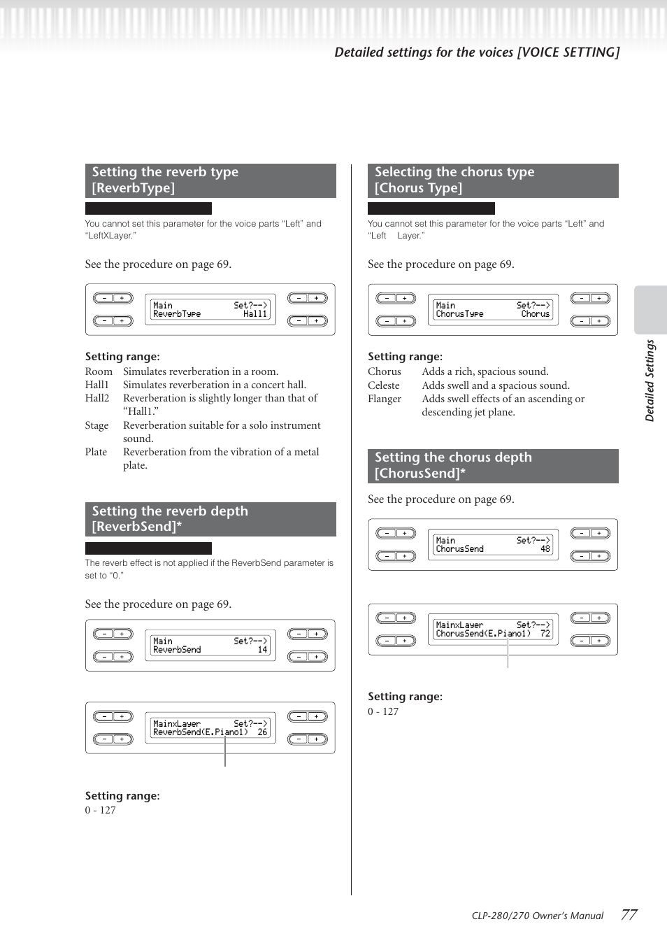 Detailed settings for the voices [voice setting, See the procedur e on page 69, Detailed settings | Setting range: 0 - 127 | Yamaha CLP-280 User Manual | Page 77 / 124