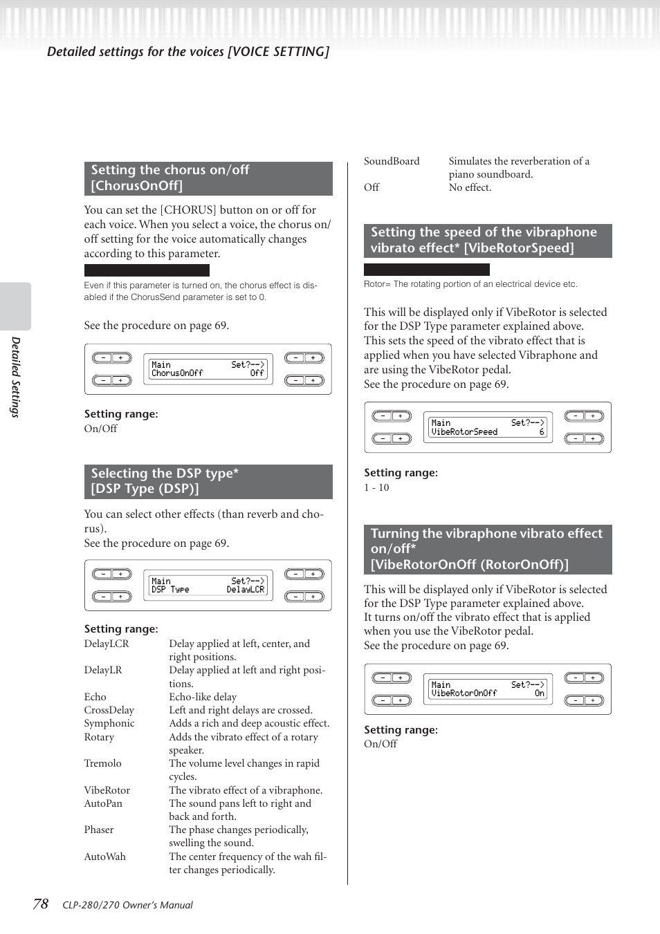 Detailed settings for the voices [voice setting, See the procedur e on page 69, Detailed settings | Setting range: on/off, Setting range: 1 - 10 | Yamaha CLP-280 User Manual | Page 78 / 124
