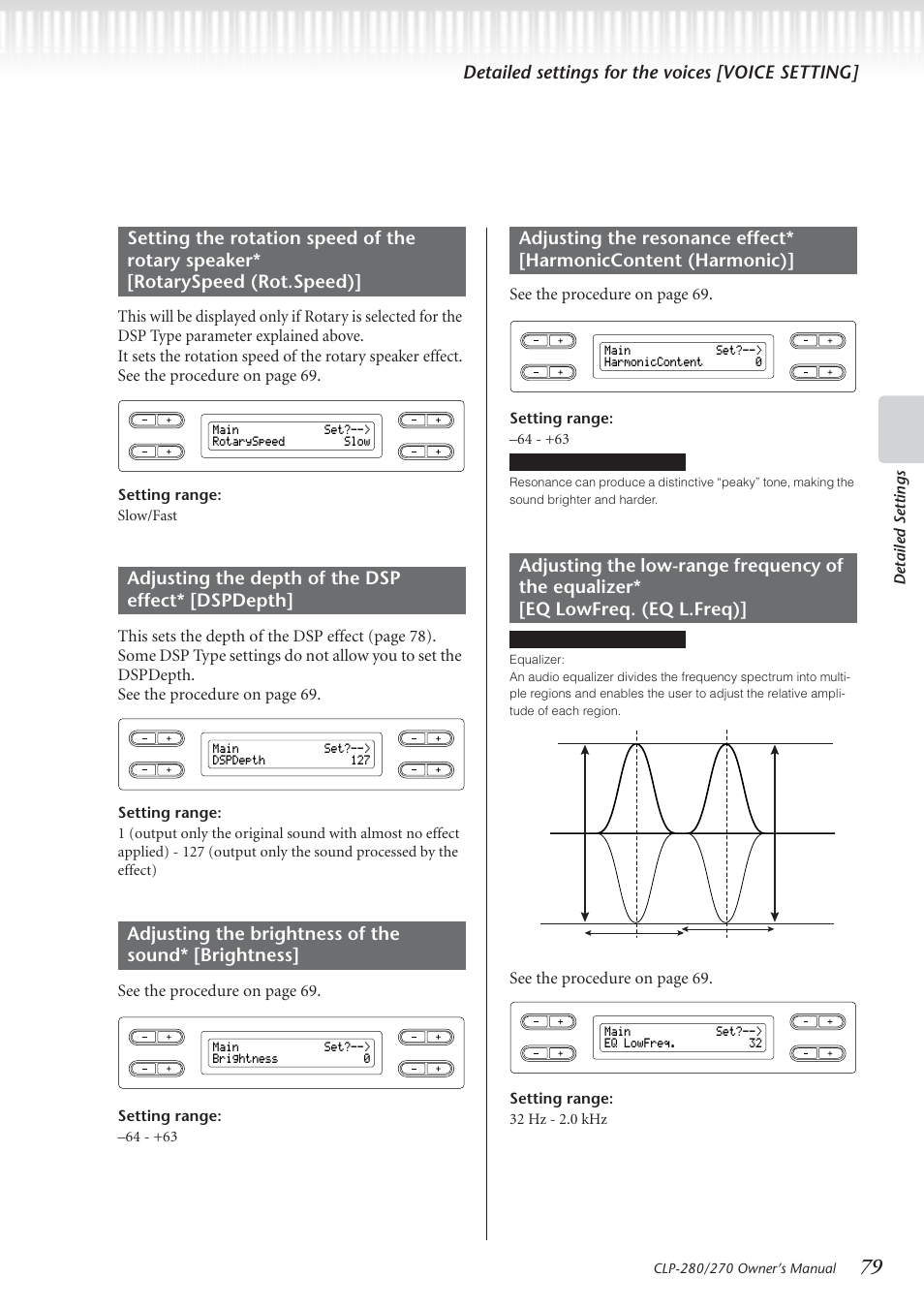 Detailed settings for the voices [voice setting, See the procedur e on page 69, Detailed settings | Setting range: slow/fast, Setting range: –64 - +63, Setting range: 32 hz - 2.0 khz, Tip terminology | Yamaha CLP-280 User Manual | Page 79 / 124