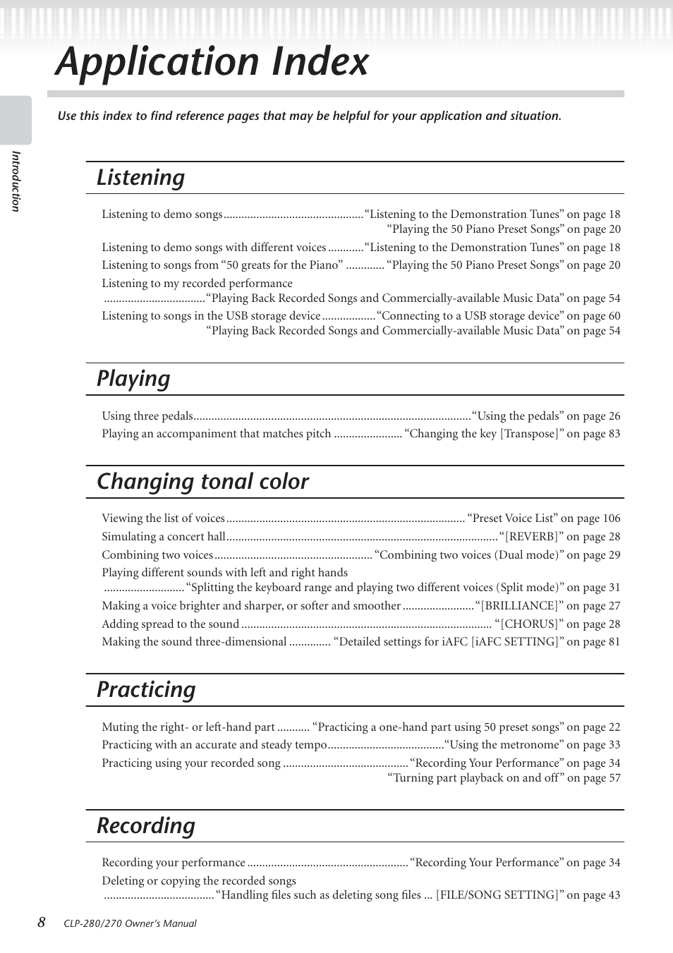 Application index, Listening, Playing | Changing tonal color, Practicing, Recording | Yamaha CLP-280 User Manual | Page 8 / 124