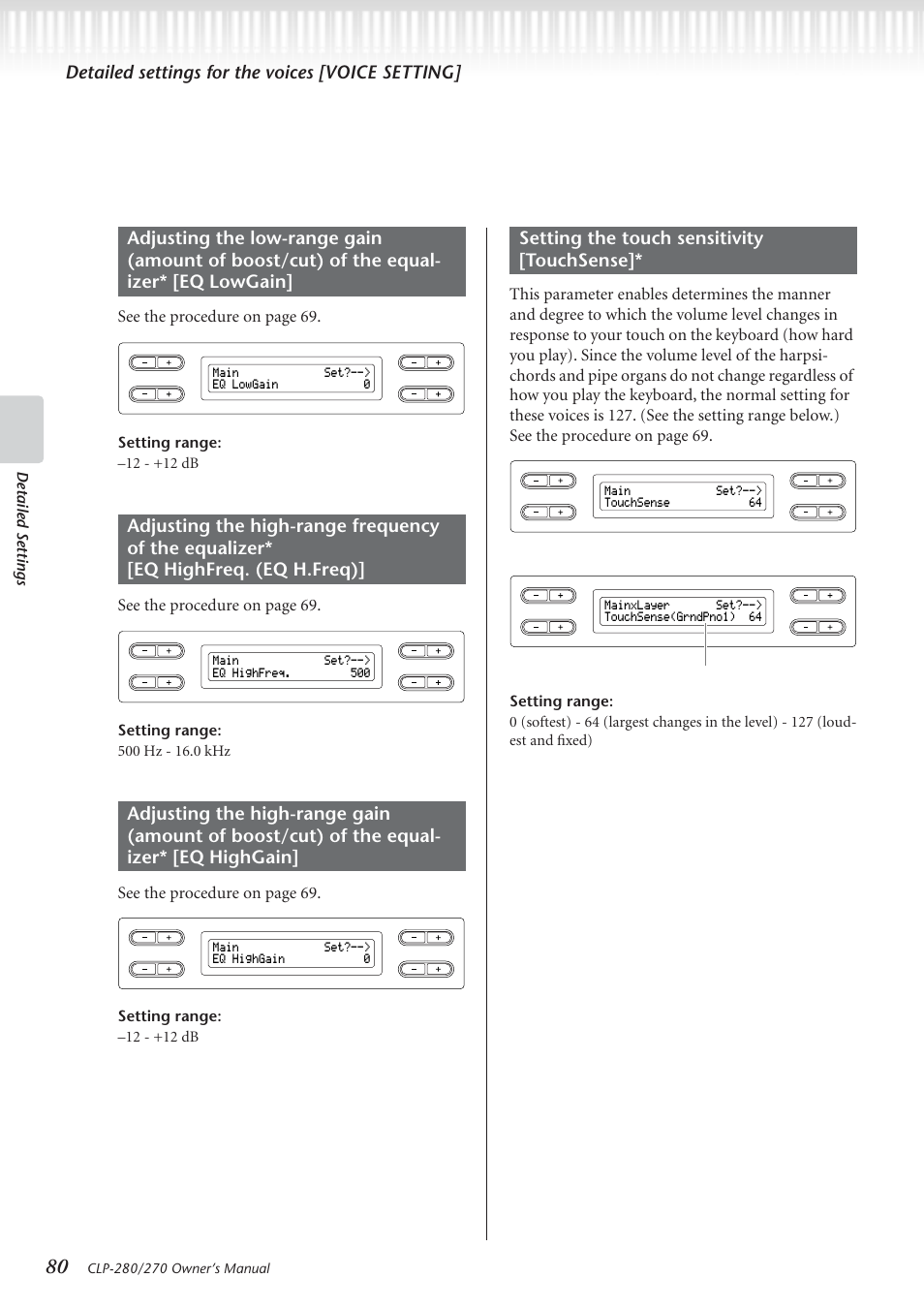 Detailed settings for the voices [voice setting, Setting the touch sensitivity [touchsense, See the procedur e on page 69 | Detailed settings, Setting range: –12 - +12 db | Yamaha CLP-280 User Manual | Page 80 / 124