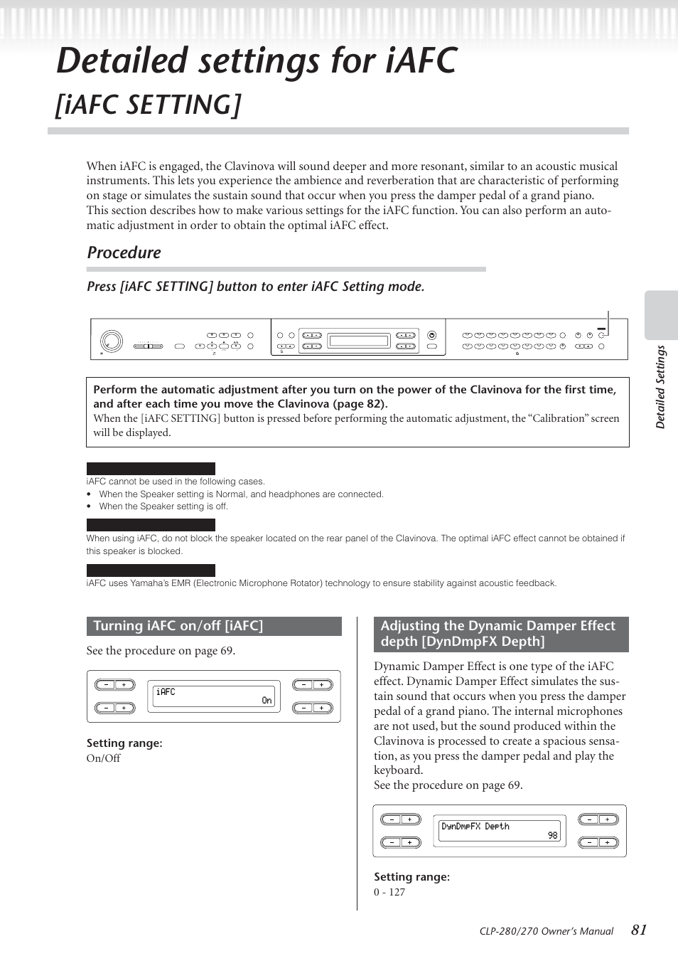 Detailed settings for iafc [iafc setting, Detailed settings for iafc, Iafc setting | Procedure, Turning iafc on/off [iafc, See the procedur e on page 69, Detailed settings, Setting range: on/off, Iafc setting] button tip tip tip, Iafc on | Yamaha CLP-280 User Manual | Page 81 / 124