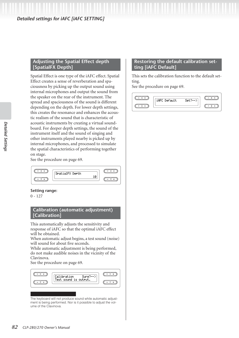 Detailed settings for iafc [iafc setting, Detailed settings, Setting range | Yamaha CLP-280 User Manual | Page 82 / 124