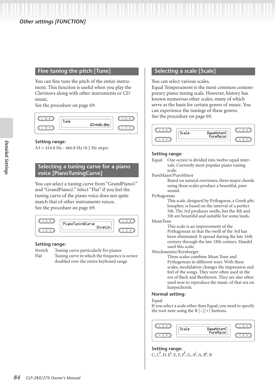 Other settings [function, Selecting a scale [scale, Detailed settings | Yamaha CLP-280 User Manual | Page 84 / 124