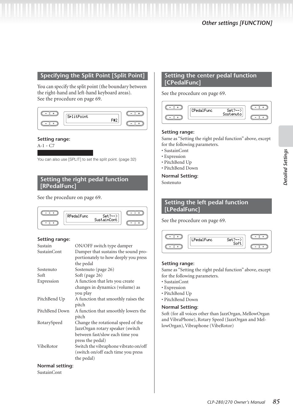 Other settings [function, See the procedur e on page 69, Detailed settings | Setting range: a-1 | Yamaha CLP-280 User Manual | Page 85 / 124