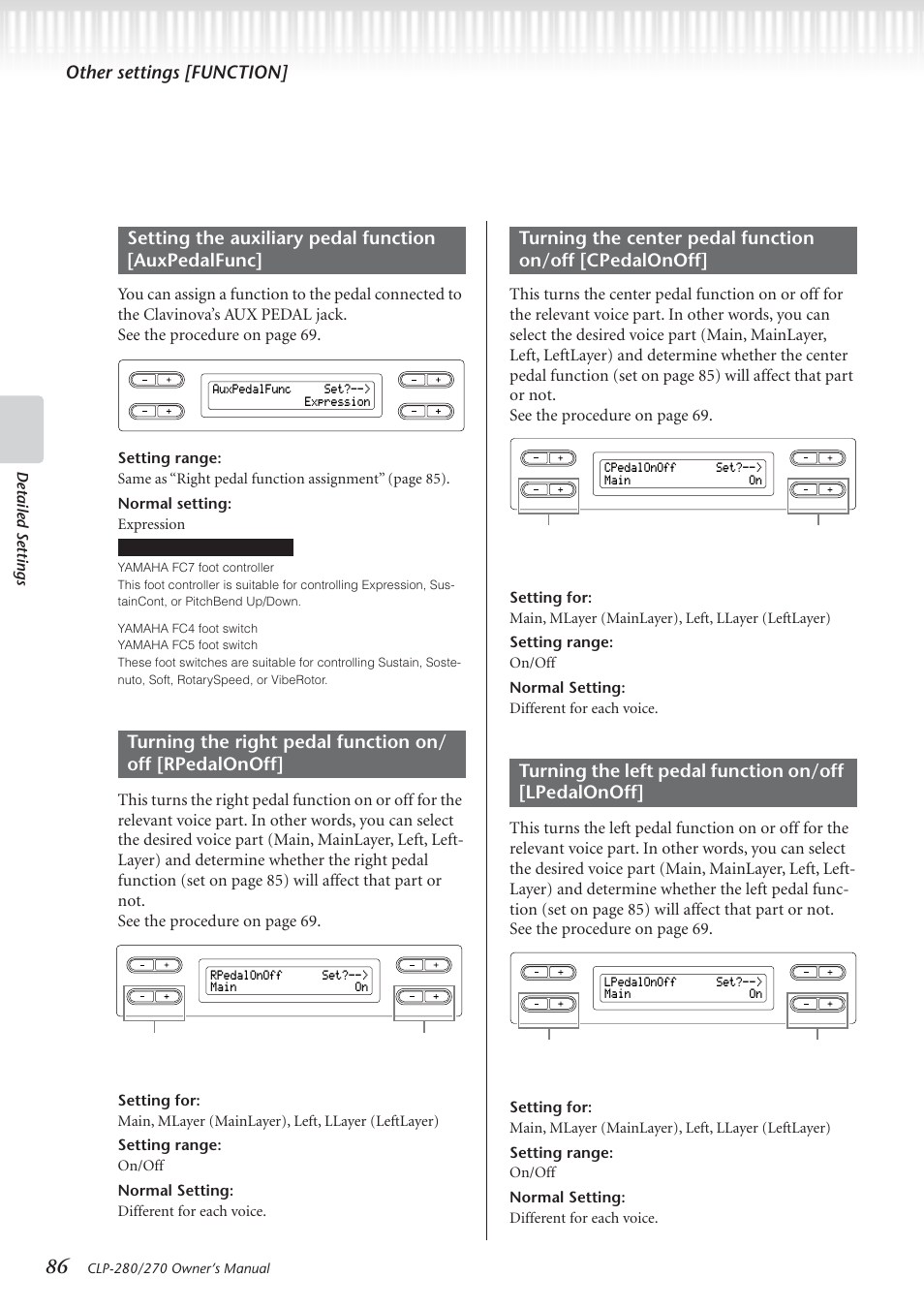 Other settings [function, Detailed settings | Yamaha CLP-280 User Manual | Page 86 / 124