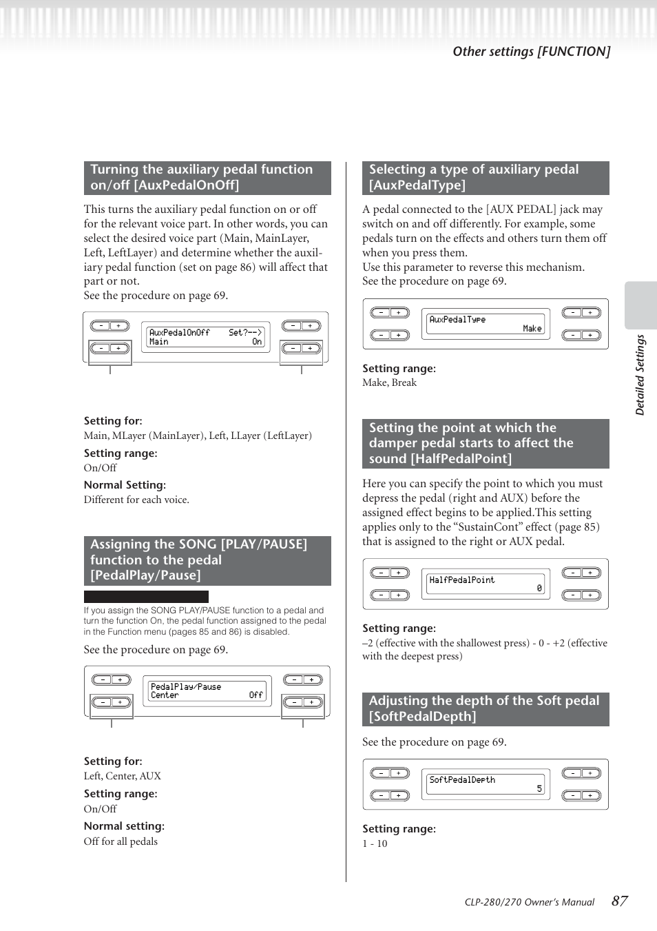 Other settings [function, See the procedur e on page 69, Detailed settings | Setting range: make, break, Setting range: 1 - 10 | Yamaha CLP-280 User Manual | Page 87 / 124