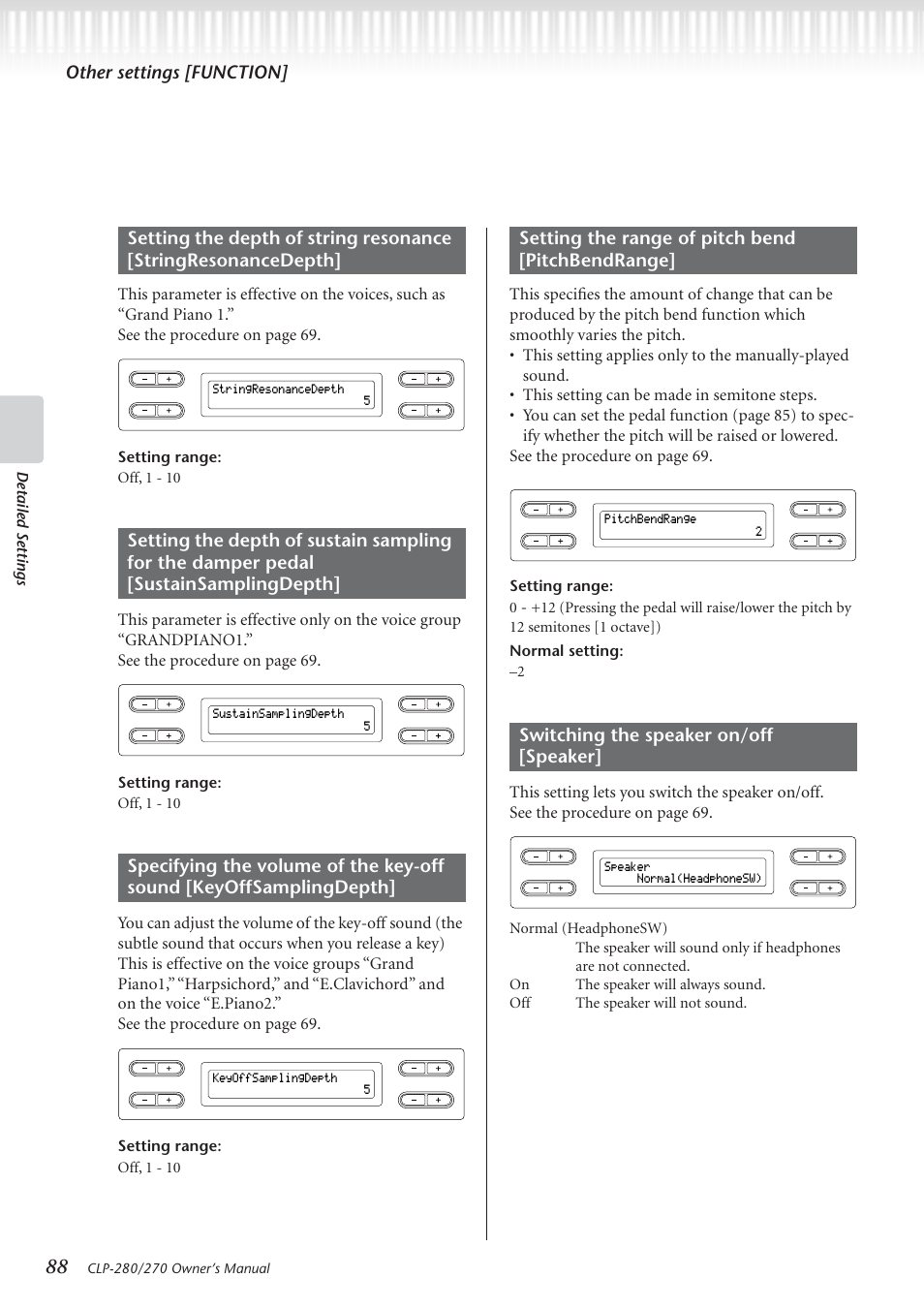 Other settings [function, Detailed settings, Setting range: off, 1 - 10 | Setting range: 0 | Yamaha CLP-280 User Manual | Page 88 / 124