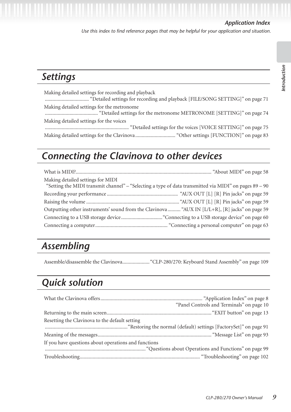 Settings, Connecting the clavinova to other devices, Assembling | Quick solution | Yamaha CLP-280 User Manual | Page 9 / 124