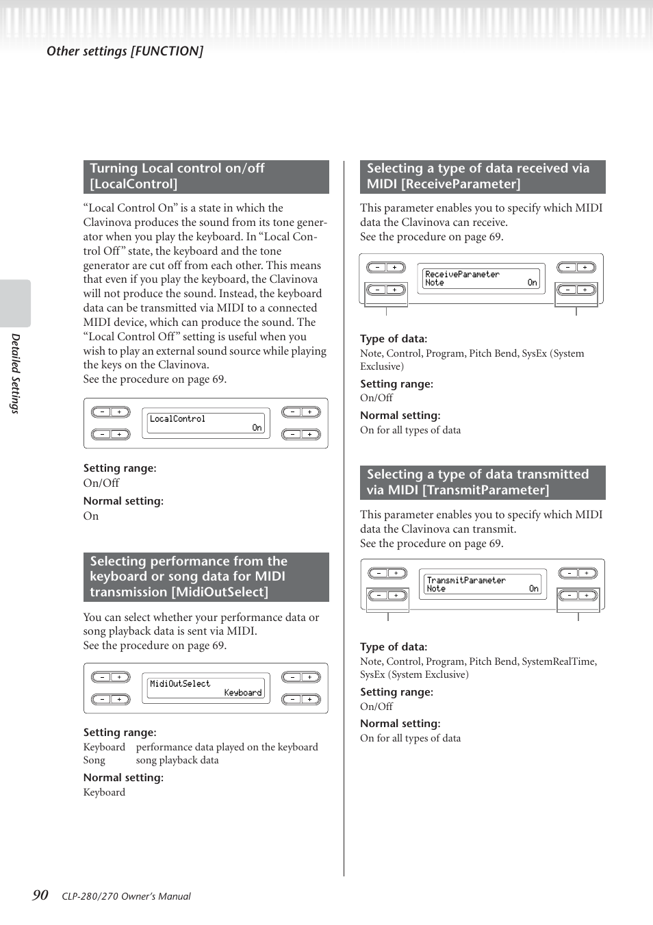 Other settings [function, On/off, Detailed settings | Setting range, Normal setting | Yamaha CLP-280 User Manual | Page 90 / 124