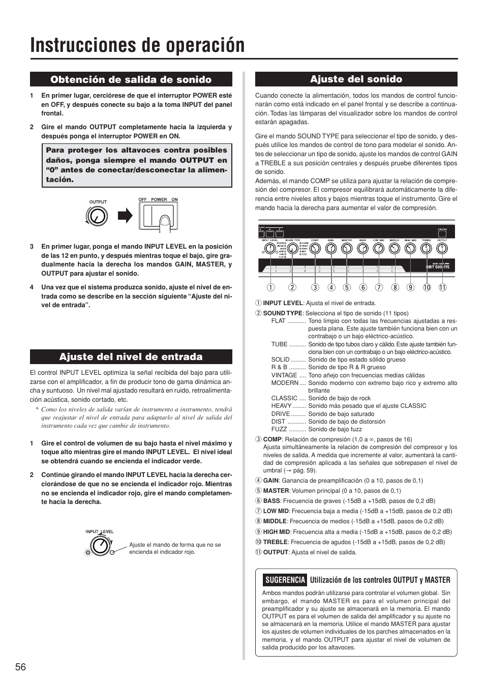 Instrucciones de operación, Obtención de salida de sonido, Ajuste del nivel de entrada | Ajuste del sonido, 56 ajuste del sonido | Yamaha BBT500-110 User Manual | Page 11 / 21