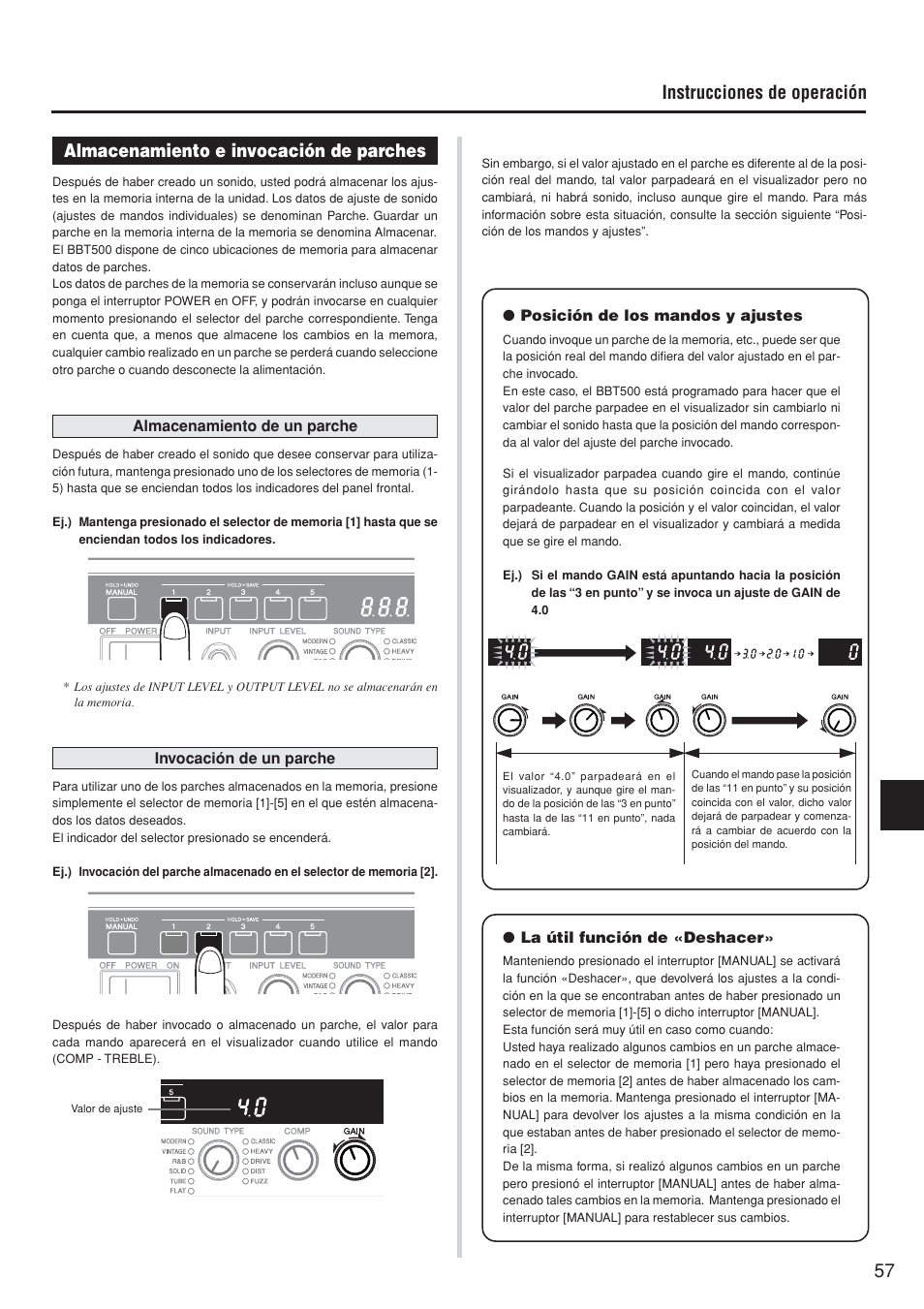 Almacenamiento e invocación de parches, Instrucciones de operación | Yamaha BBT500-110 User Manual | Page 12 / 21