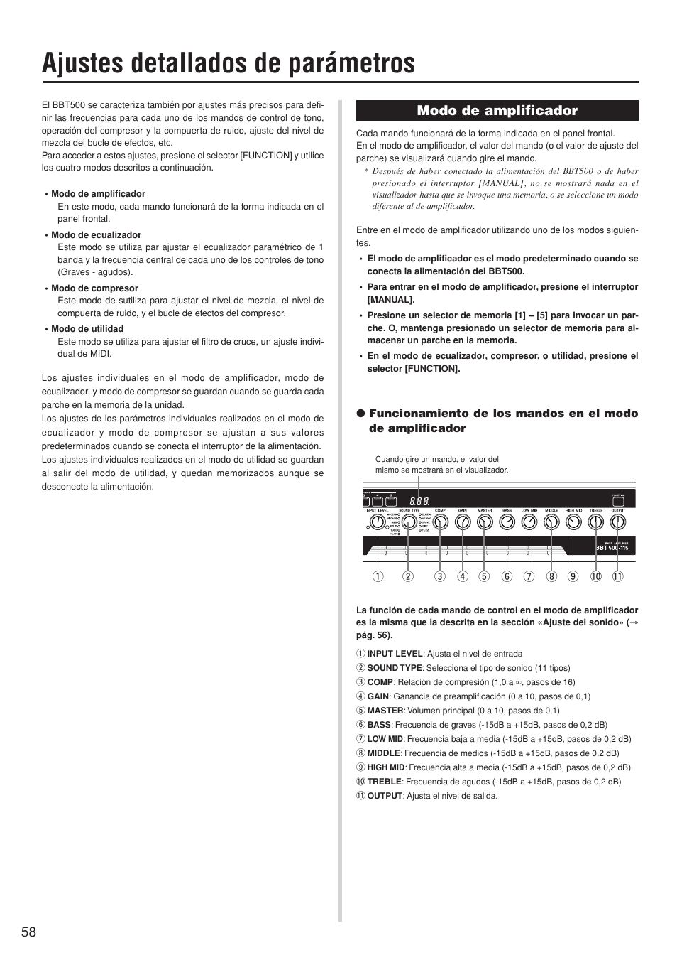 Ajustes detallados de parámetros, Modo de amplificador | Yamaha BBT500-110 User Manual | Page 13 / 21