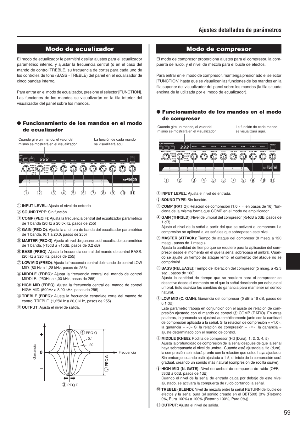 Modo de ecualizador, Modo de compresor, 59 modo de compresor | Ajustes detallados de parámetros | Yamaha BBT500-110 User Manual | Page 14 / 21