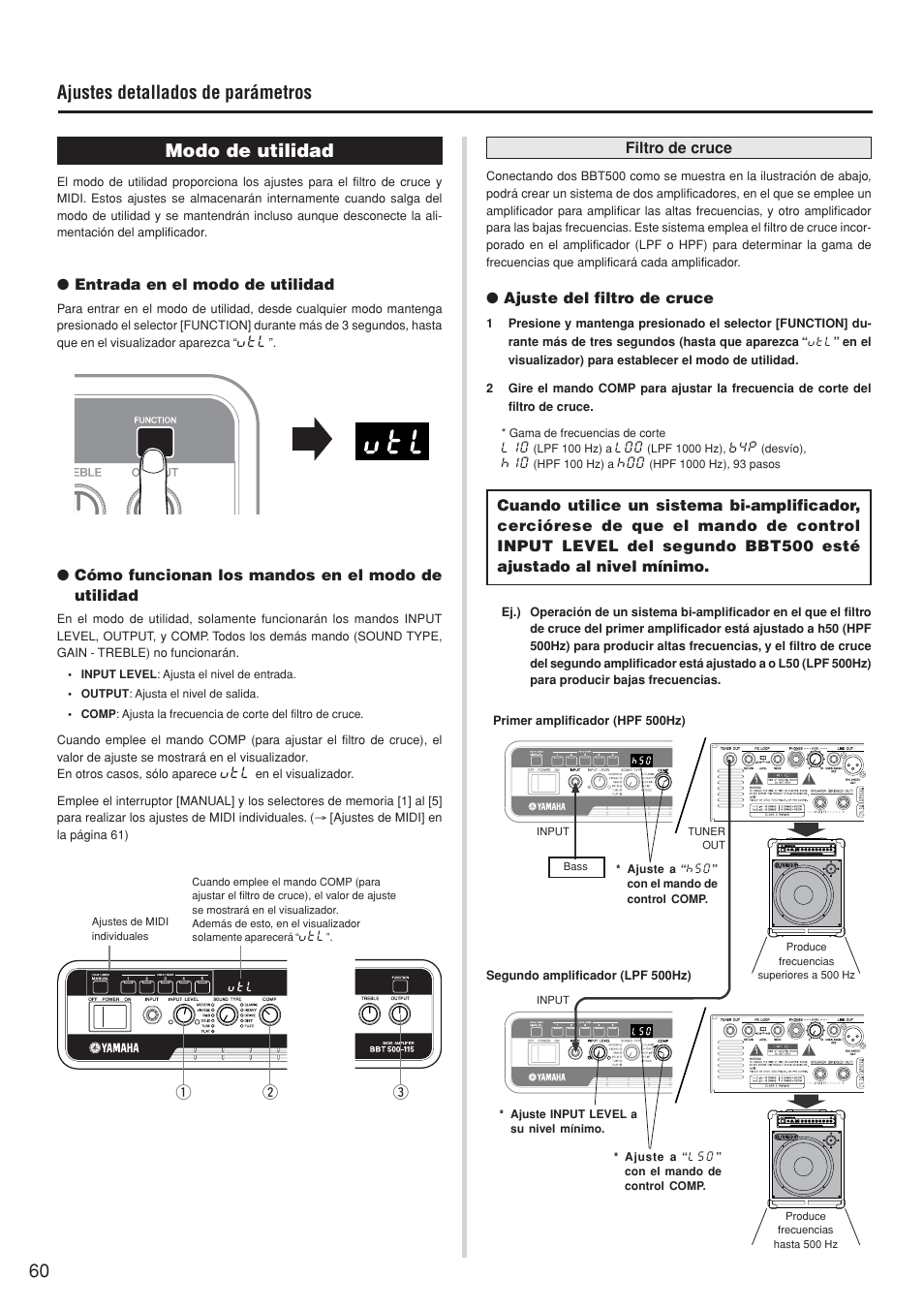 Modo de utilidad, 60 modo de utilidad, Ajustes detallados de parámetros | Yamaha BBT500-110 User Manual | Page 15 / 21
