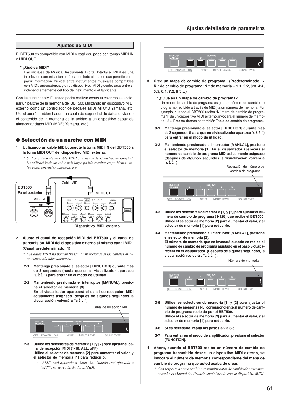 Ajustes detallados de parámetros, Ajustes de midi, Selección de un parche con midi | Yamaha BBT500-110 User Manual | Page 16 / 21