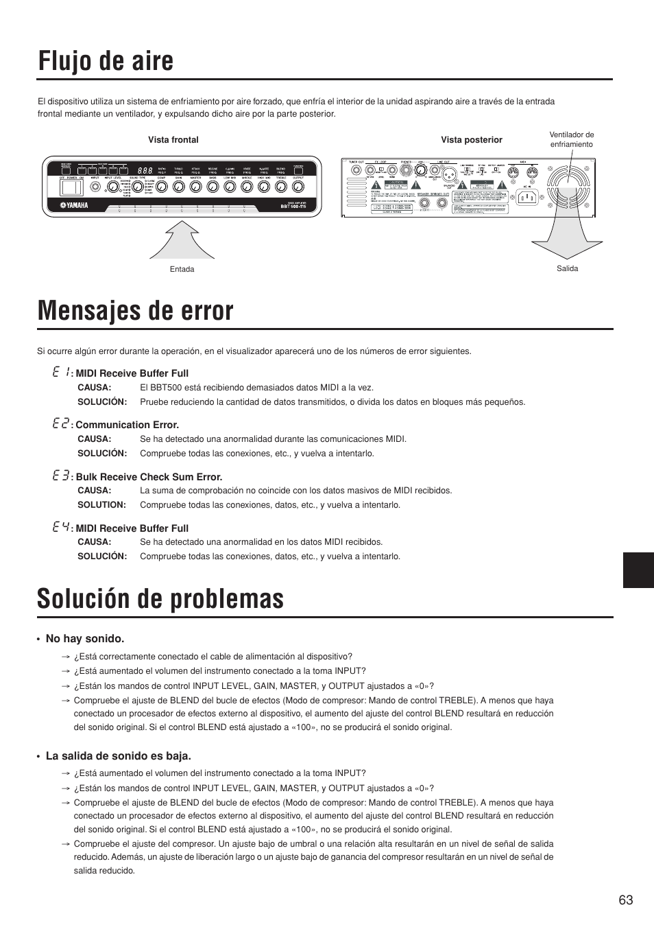 Flujo de aire, Mensajes de error, Solución de problemas | Mensajes de error solución de problemas | Yamaha BBT500-110 User Manual | Page 18 / 21