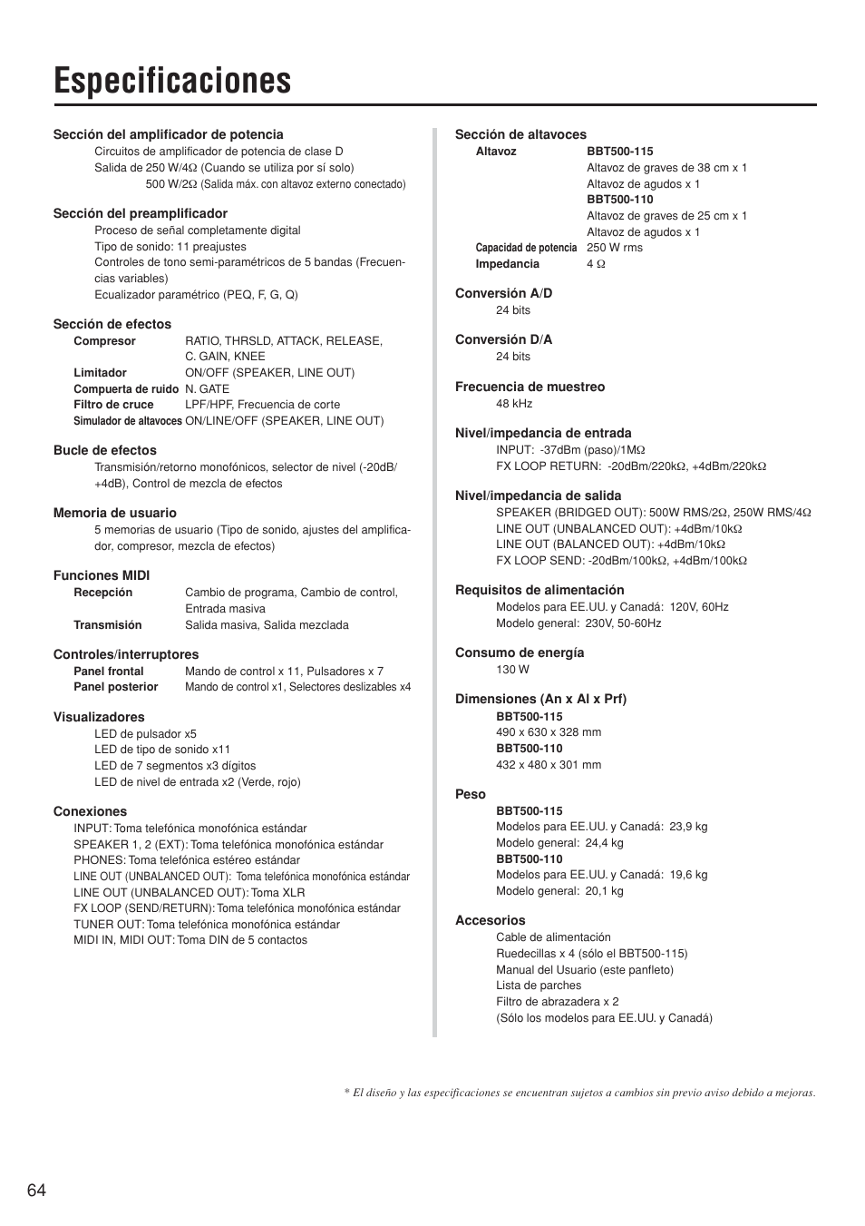 Especificaciones | Yamaha BBT500-110 User Manual | Page 19 / 21