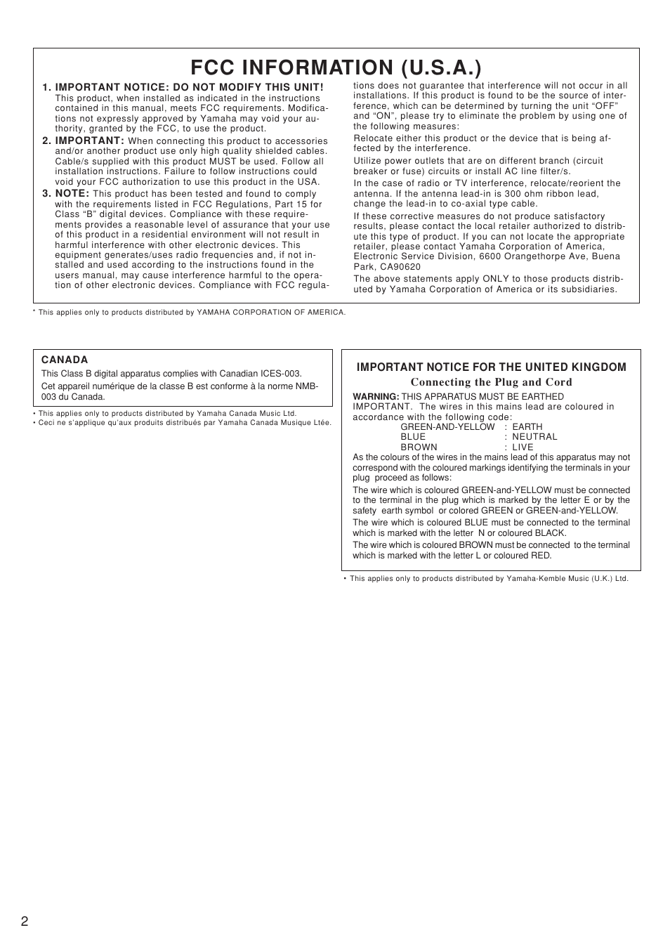 Fcc information (u.s.a.) | Yamaha BBT500-110 User Manual | Page 2 / 21