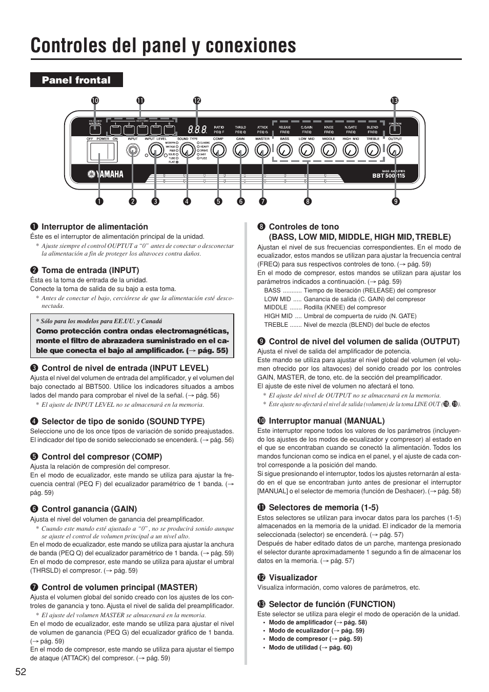 Controles del panel y conexiones, Panel frontal | Yamaha BBT500-110 User Manual | Page 7 / 21