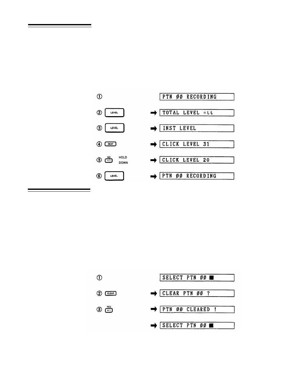 Click level, Pattern clear, Clear ptn øø ? click level ptn øø cleared | Yamaha RX21 User Manual | Page 24 / 62