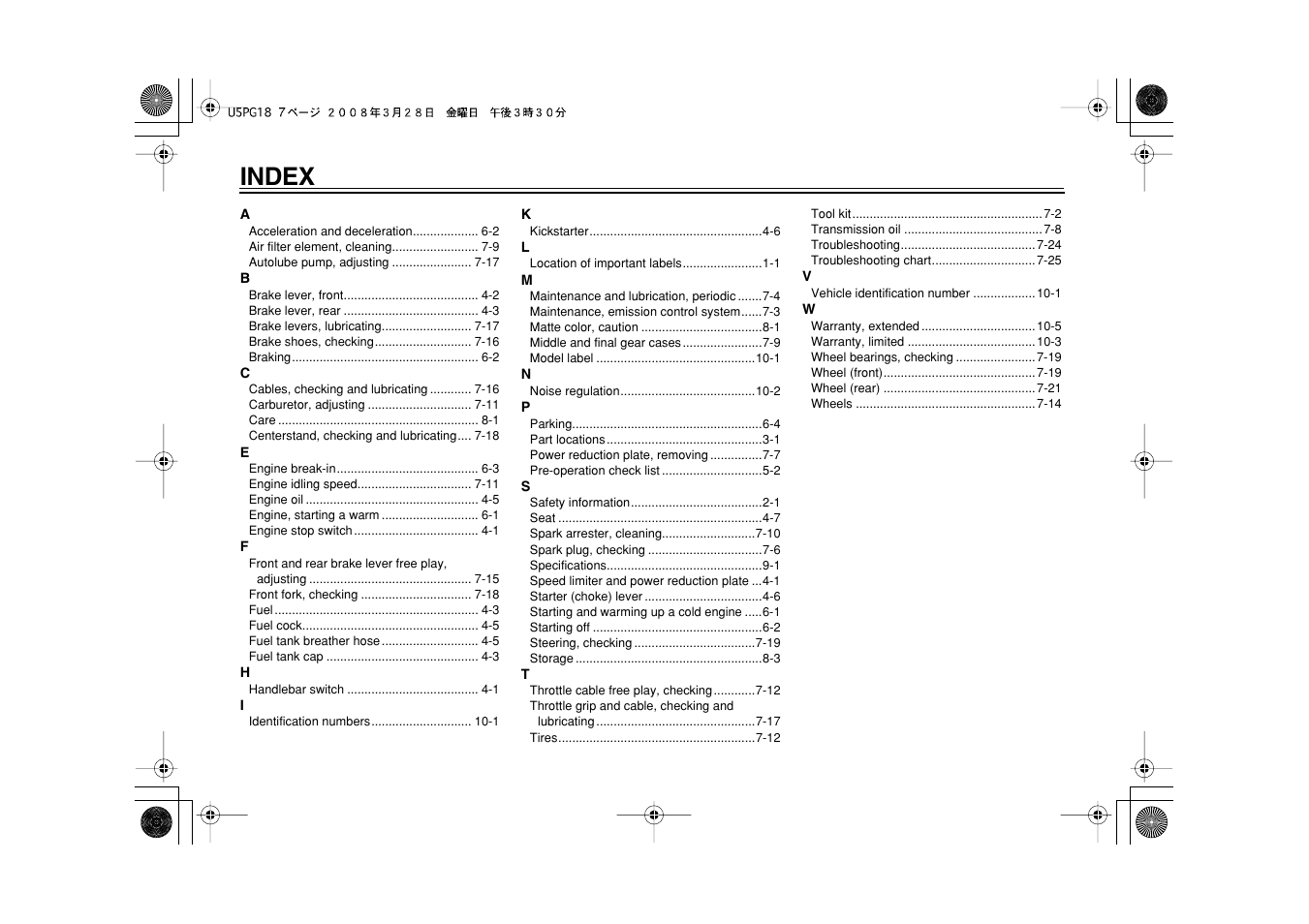 Index | Yamaha PW50Y User Manual | Page 70 / 72