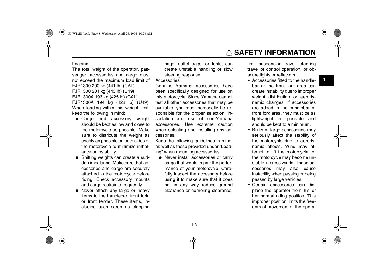 Safety information | Yamaha FJR1300T(C) User Manual | Page 11 / 100