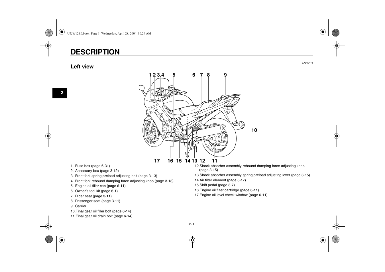 Description, Left view -1, Left view | Yamaha FJR1300T(C) User Manual | Page 16 / 100